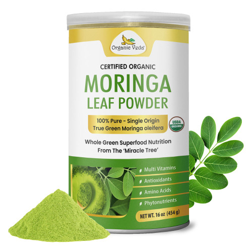 Organic Veda Moringa Powder - USDA Certified Organic Moringa Powder Superfood - Premium Harvest Single Origin True Green Moringa Oleifera, Vitamins, Antioxidants Nutrients Dense Leaf Powder - 16 oz