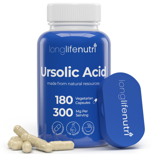 LongLifeNutri Ursolic Acid 300mg - Sourced from Rosemary Leaf Extract, 180 Vegetarian Capsules, Organic Supplement for Muscle Growth & Recovery, 2-Month Supply, Lab Tested, GMP Certified, Made in USA