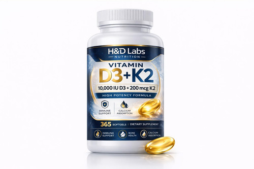 H&D Labs Nutrition Vitamin D3 K2 10000 IU (125mcg) with MK-7 – High Potency Bone & Immune Support – 365 Capsules – Non-GMO Dietary Supplement