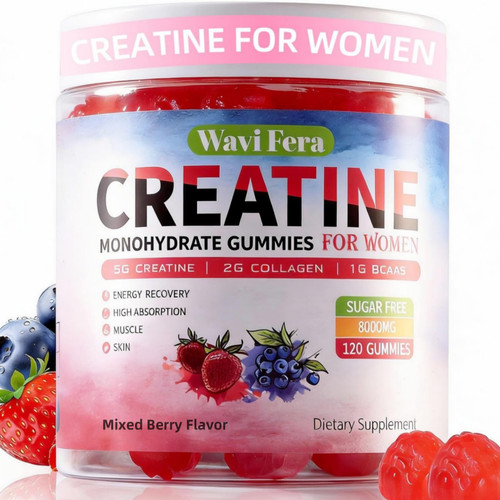 WaviFera Creatine for Women,Creatine Monohydrate Gummies with Collagen+ BCAAs+Hyaluronic Acid+VitaminsC and b12,Sugar Free,Vegan,Supplement for Muscle,Skin, Hair & Nail Support, Mixed berry,120 Counts
