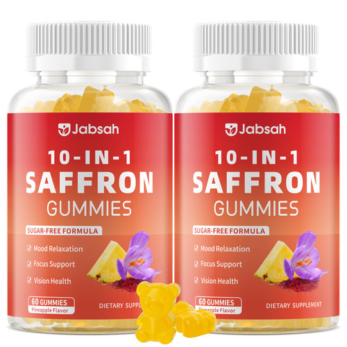 Saffron Gummies for Adult Kids, 10-IN-1 Saffron Supplements with Saffron Extract 88.5 mg, Vitamin D3, B6, B12, L-Theanine, St. John's Wort, Ashwagandha for Mood, Focus, Calm, Melatonin-Free, 120 Count