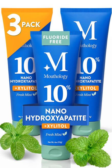 Mouthology 10% Nano Hydroxyapatite Toothpaste (3pk, Fluoride Free), Whitening*, Supports Enamel Care*, Appropriate for Sensitive Teeth*, SLS Free, Xylitol nHA Toothpaste Adults, Mint 4oz (USA Made)