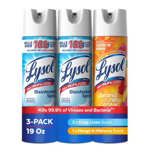 Lysol Disinfectant Spray, Household Cleaning Supplies, Disinfecting Multi-Purpose Room Spray, Antibacterial Sanitizer, Deodorizer, Kills Hantavirus, Crisp Linen + Mango & Hibiscus, 19 Fl Oz, 3-Pack