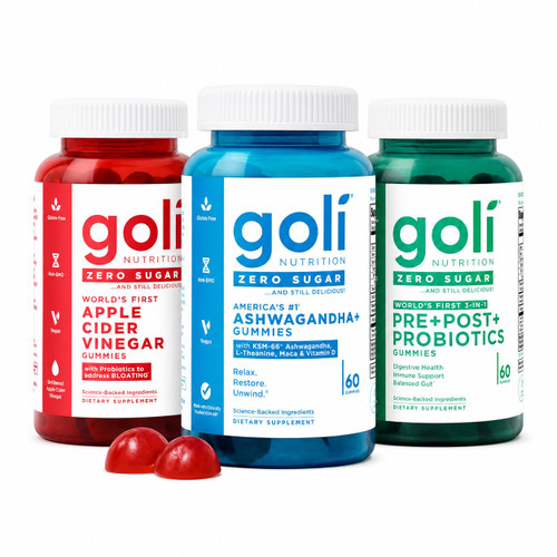 Goli Zero Sugar Trio - World's First 3-in-1 Pre, Post, Probiotic, Apple Cider Vinegar with Vitamin B12 and Probiotics, Ashwagandha & L-Theanine, Vitamin D Gummies, 90 Count (3-Bottle Set)