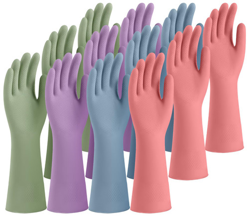 Rubber Cleaning Gloves for Dishwashing, 12 Pairs Reusable Kitchen Gloves for Washing Dishes and Household Cleaning, Colorful Gloves with Flocked Lining and Non-Slip Grip, Perfect for Women Men - M