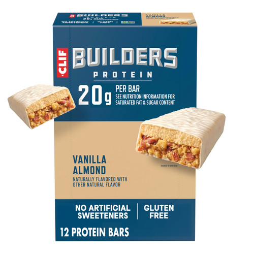 CLIF BUILDERS Protein Bars - Vanilla Almond Flavor - 20g Plant Based Protein - Gluten Free - Non-GMO - Low Glycemic - No Artificial Sweeteners - 2.4 oz. (12 Pack)
