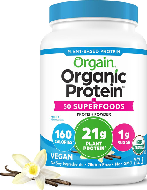 Orgain Organic Vegan 21g Protein + Superfoods Powder, Vanilla Bean, 2.02lb