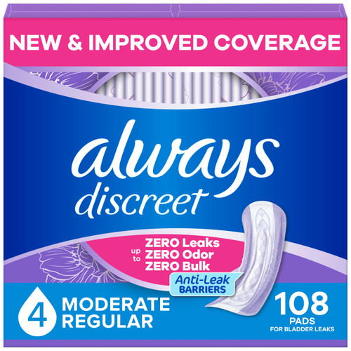 Always Discreet Adult Incontinence Pads for Women, Drier, 4 Drop Regular Length, Moderate Absorbency, Pads for Bladder Control Management, Bladder Leaks, & Postpartum Pads, 108ct