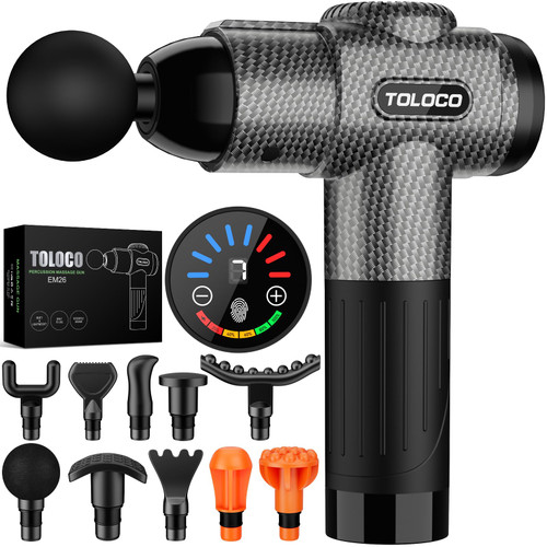TOLOCO Massage Gun, Deep Tissue Back Massage for Athletes for Pain Relief, Percussion Massager with 10 Massages Heads & Silent Brushless Motor, Fathers Day Dad Gifts, Carbon