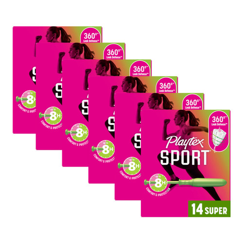 Playtex Sport Tampons Super Absorbency, Fragrance-Free - 84ct (6 Packs of 14ct) | Super Tampons for Women, Feminine Care, Playtex Tampon with 360 Leak Defense