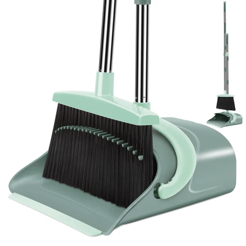 Ivandar Broom and Dustpan Set for Home, Dust pan with Long Handle, Broom with Dustpan Combo Set, for Home Kitchen Room Office Lobby Floor Use Upright Stand Up Sweeping (Gray&Green)