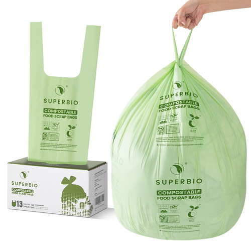 SUPERBIO 13 Gallon Compostable Kitchen Waste Bags with Handles