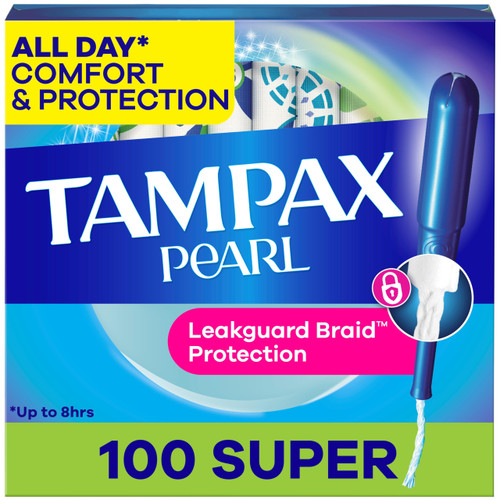 Tampax Pearl Tampons for Women, with LeakGuard Braid, Super Absorbency, Unscented, 100 Count (2 Packs of 50)