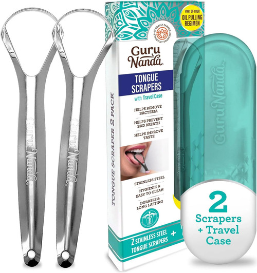 GuruNanda Stainless Steel Tongue Scraper (Pack of 12), Fight Bad Breath, Medical Grade 100% Stainless Steel Tongue Cleaner, Tongue Scraper for Adults and Kids, Great for Oral Care, Travel Friendly
