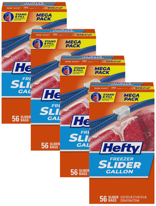 Hefty Slider 1 Gallon Freezer Bags, Gallon Slider Bags for Freezer, Holds Raw Meat, Soups, Prepped Fruits and Veggies, and More, Writable Label, Secure Zip_and Click Closure 56 Count (Pack of 4)