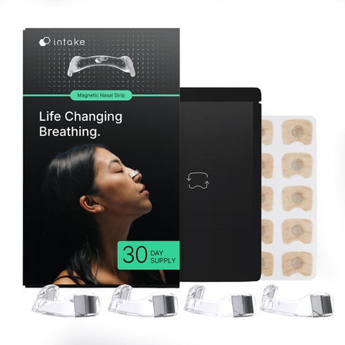 Intake Breathing — Magnetic Nasal Strips Starter Kit | Reusable Band + Tabs | Nasal Strips for Sleep, Snoring, Breathing & Sports | Stronger Lift Than Traditional Nose Strips | 4 Sizes, 30 Tabs, Clear