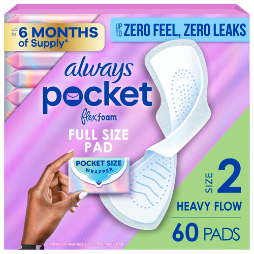 Always Pocket Feminine Pads with FlexFoam, Size 2, Heavy Flow, with Wings, Unscented, 60 Count (3 Packs of 20)