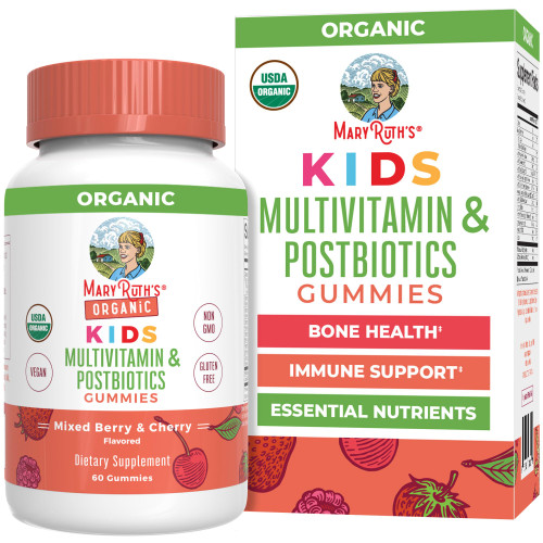 MARYRUTH'S USDA Organic Kids Multivitamin + Postbiotics Gummies, 60 Count
