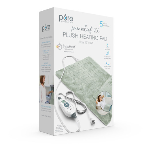 Pure Enrichment PureRelief XL Heating Pad - 12" x 24" Electric Heating Pad for Back Pain & Cramps, 6 Heat Settings, FSA/HSA Eligible, Soft Machine Wash Fabric, Auto-Off & Moist Heat (Zen Green)