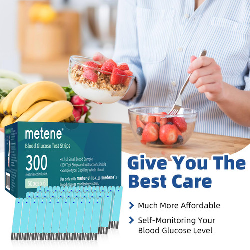 Metene TD-4116 Blood Glucose Test Strips, 300 Count Test Strips for Diabetes, Use with metene TD-4116 and metene S Blood Glucose Monitor Only(No Monitor)