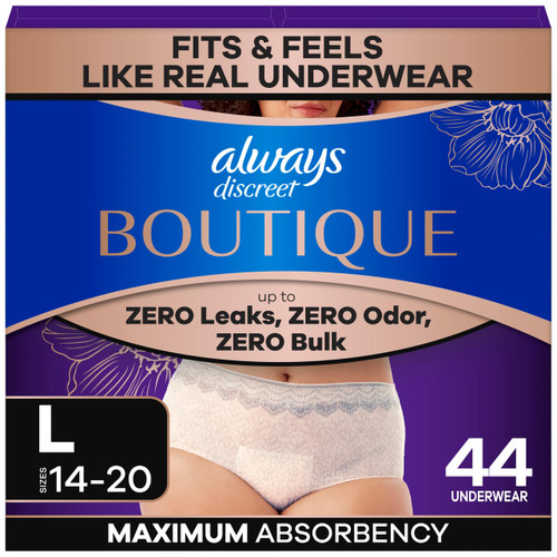 Always Discreet Boutique Incontinence and Postpartum Underwear for Women, Maximum Protection, Large, Rosy, 44 Count (2 Packs of 22)