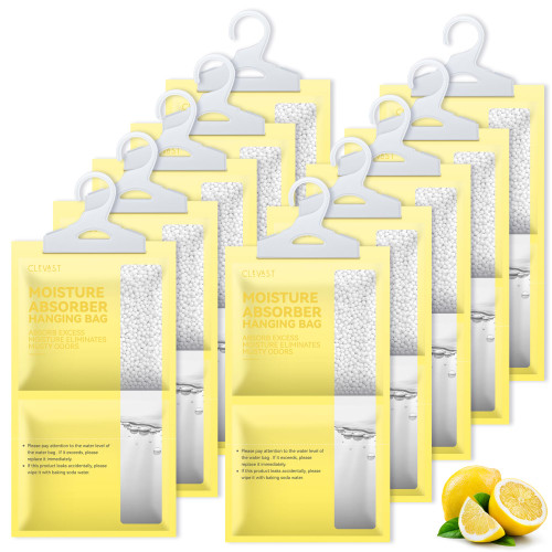 CLEVAST Moisture Absorbers Packets 10 Pack, Dehumidifier Bags for Closet, Scented Hanging Humidity Absorber in Wardrobes, Bedrooms, Bathrooms (Lemon)