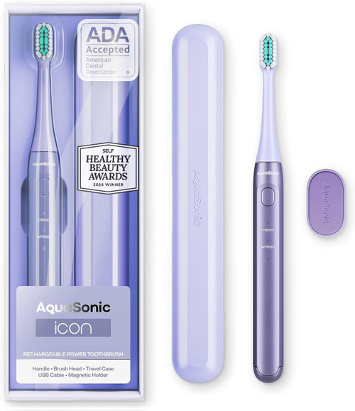 Aquasonic Icon ADA-Accepted Rechargeable Toothbrush | Magnetic Holder & Slim Travel Case | 2 Brushing Modes & Smart Timers | Gentle Micro-Vibrations (Lilac)