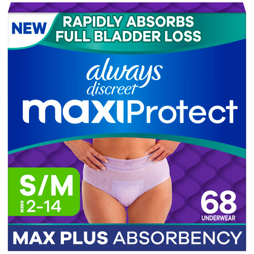 Always Discreet MaxiProtect Adult Diapers for Women, Incontinence Underwear, Scented, Postpartum Essentials, Bladder Leak Protection, Disposable Briefs, Maximum Plus Absorbency, Size S/M, 68 Count