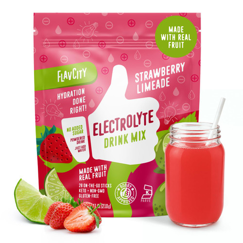 FlavCity Strawberry Limeade Electrolytes Powder Packets - 28 Hydration Packets - No Added Sugar - Hydration Powder with Real Fruit & Unrefined Sea Salt - Keto & Gluten-Free (28 Stick Packs)