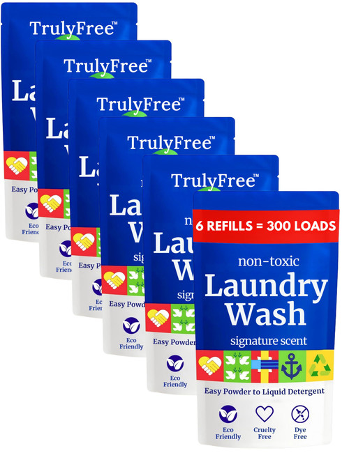 Truly Free Natural Laundry Detergent for Sensitive Skin | Eco Friendly, Plant Based, Baby Clothes Safe | Clean & Easy Powder to Liquid, 6 Pack Refill Detergent, NO Jug | Signature Scent, 300 Loads