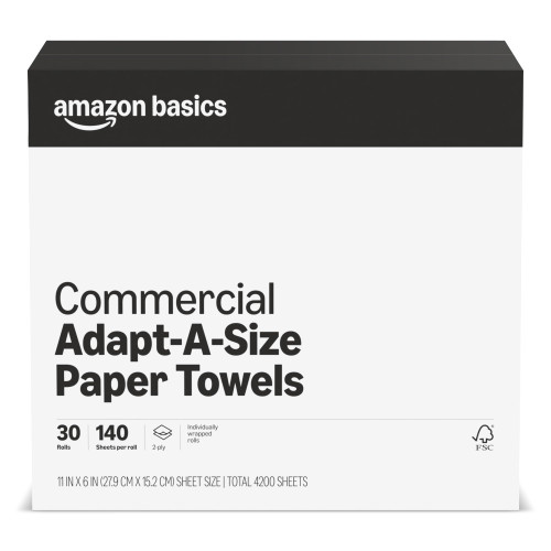 Amazon Basics 2-Ply White Adapt-a-Size Kitchen Paper Towels, Absorbent, Thick, Individually Wrapped, 140 Towels per Roll (30 Rolls), 4200 Count (Previouly AmazonCommercial)