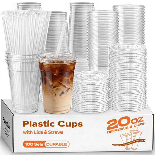 PODJULFA 100 Pack 20oz Plastic Cups with Lids and Straws, Clear Disposable Plastic Cups, Heavy Duty Iced Coffee Cups with Leak-Resistant Lids, Cold Drink Cups for Smoothies, Juice, Soda & Party To Go