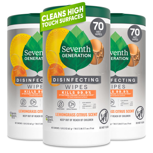 Seventh Generation Disinfecting Wipes, Lemongrass Citrus, 70 Count, 3 Pack, Botanical Multi-Surface Cleaner Kills 99.9% Germs, No Bleach, Plant-Based Formula for Home, Kitchen, Bathroom, Car Interior