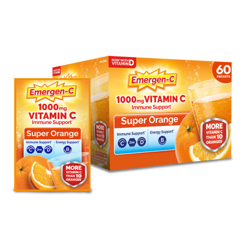 Emergen-C 1000mg Vitamin C Immune Support Powder, Super Orange, 60 ct