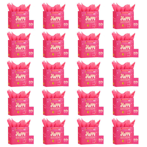 Powbrace 13" Birthday Gift Bag with Tissue Paper & Card(20 Pack Pink Gold)