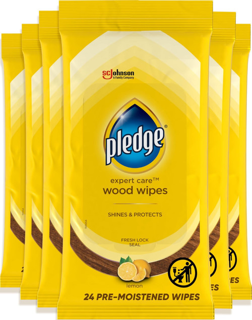 Pledge Expert Care Enhancing Wood Wipes, Lemon Scent (Pack of 6, 144 Total Count), Yellow