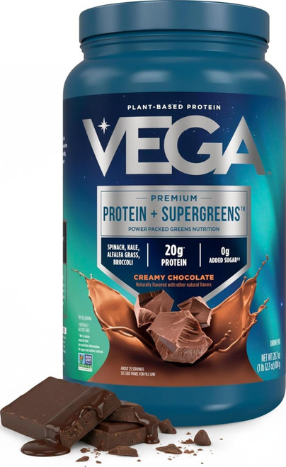 Vega Premium Protein + Supergreens, Chocolate – 20g Vegan Protein, Dairy & Gluten Free, 28.8 oz (25 Servings)