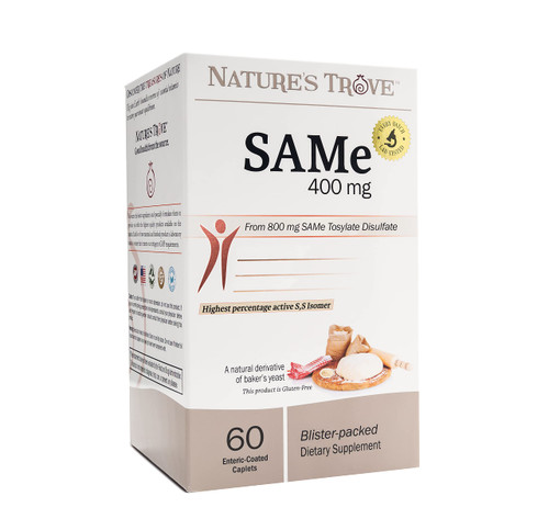 Nature's Trove SAM-e 400mg 60 Enteric Coated Caplets. Vegan, Kosher, Non-GMO Project Verified, Soy Free, Gluten Free - Cold Form Blister Packed.