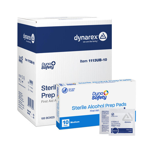 Dynarex DynaSafety Sterile Alcohol Prep Pads - Medium - 70% Isopropyl Alcohol, Individually Wrapped, Soft Cleaning Wipes - Case of 100 Boxes, 10 per Box