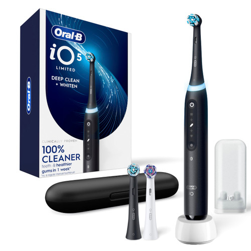 Oral-B Rechargeable Electric Toothbrush, iO5 Limited Deep Clean & Whiten, 5 Cleaning Modes, Visual Pressure Sensor to Protect Gums, Travel Case, 3 Brush Heads, Black