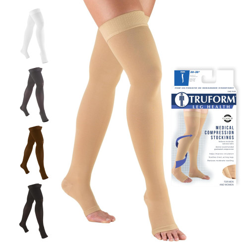 Truform 20-30 mmHg Compression Stockings for Men and Women, Thigh High Length, Dot-Top, Open Toe, Beige, Small