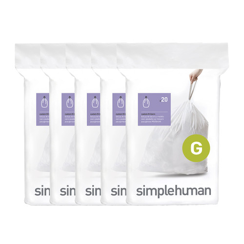 simplehuman Code G 100 Count Custom Fit Liners, Drawstring Kitchen Trash Bags, One-by-One Mess-Free Dispense, Extra Thick & Double Seamed, 50% PCR Plastic, 30 Liter / 8 Gallon, White