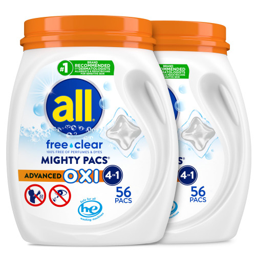 all Laundry Detergent Pacs, Advanced OXI, Unscented, 56 Count, Pack of 2