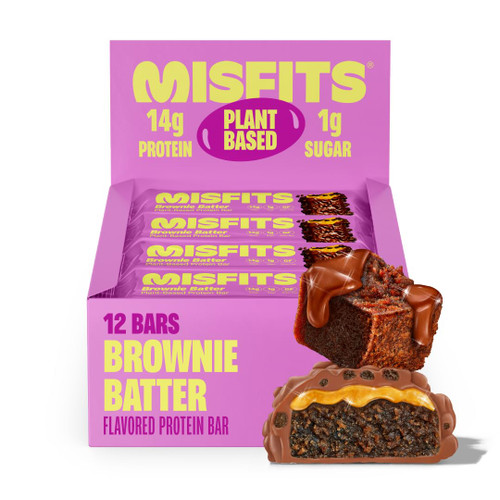Misfits Vegan Protein Bars - Fudgey Brownie Batter| Nutrition Bars - 14g Protein, 1g Sugar, Plant-based, Low Carb, Non-GMO, Gluten Free Snacks | Pack of 12