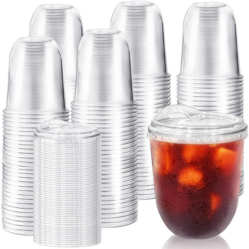 100 Pack 12 oz Clear Plastic Iced Coffee Cups with Strawless Sip Lids