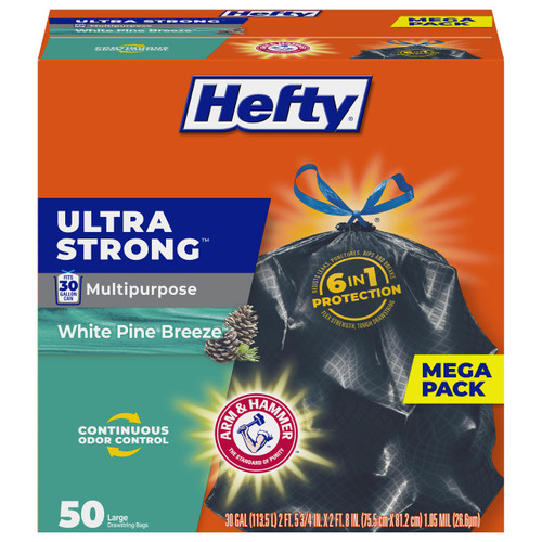 Hefty Ultra Strong 30 Gal Large Trash Bags, Black, White Pine Breeze, 50ct