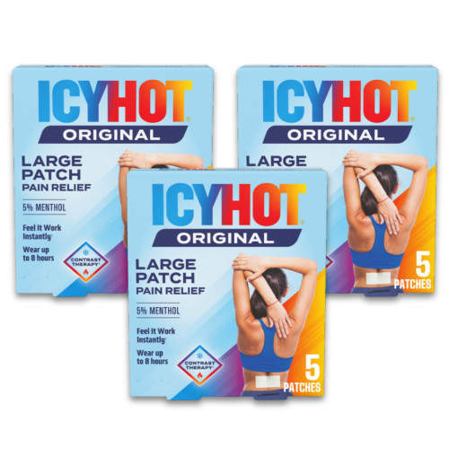 Icy Hot Original Pain Relief Patch, Large Size Comfortable Fabric Patches with Menthol 5%, Ice and Heat Contrast Therapy for Backaches, Joints, Muscle Strains and Arthritis, 5 ct., 3 Pack