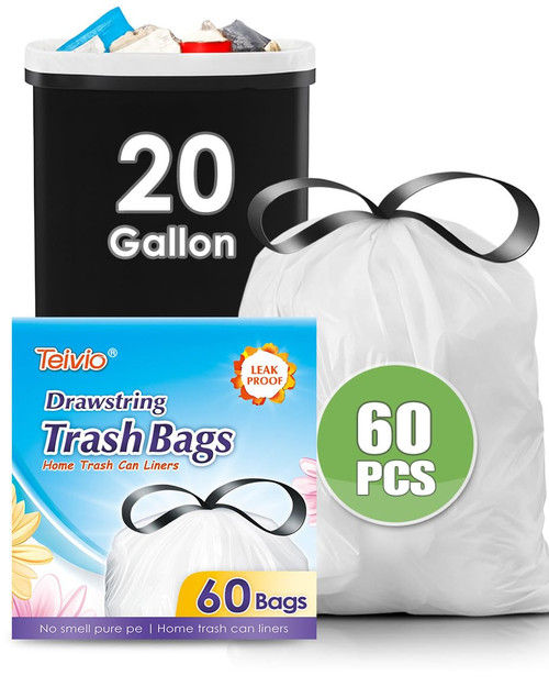 Teivio 20 Gallon 60 Counts (fit 18-20 Gal) Large Drawstring Trash Bags Strong Tall Kitchen Compactor Bags Garbage Bags for Home/Office/Light Residential Waste/Outdoor Trash Can, Lawn，Trash Bags White