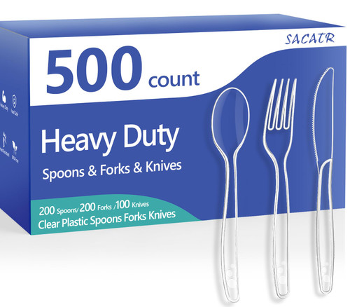 SACATR 500 Count Clear Plastic Silverware Heavy Duty -Forks, Spoons,Knives