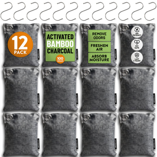 Activated Bamboo Charcoal Odor Absorber Bags for Strong Odors - 12 Pack Large 100g Air Purifying Bags, Natural Activated Charcoal Deodorizer for Shoes, Closet, Car, Gym Bag, Bathroom & Home